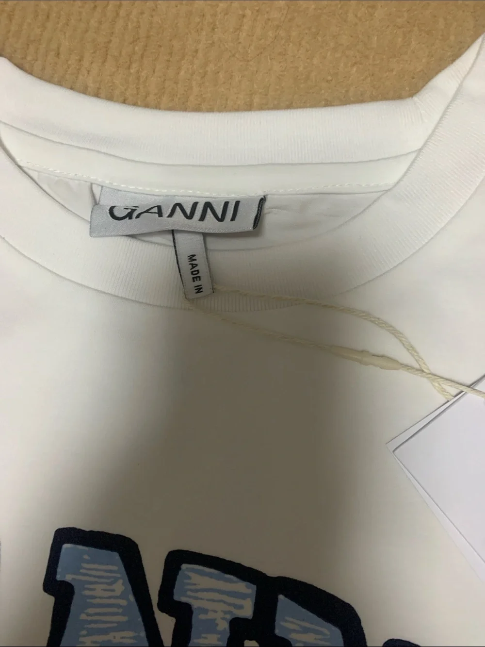Ganni White Tee with Blue Logo & Beige Shell Graphic - Picture 3 of 5